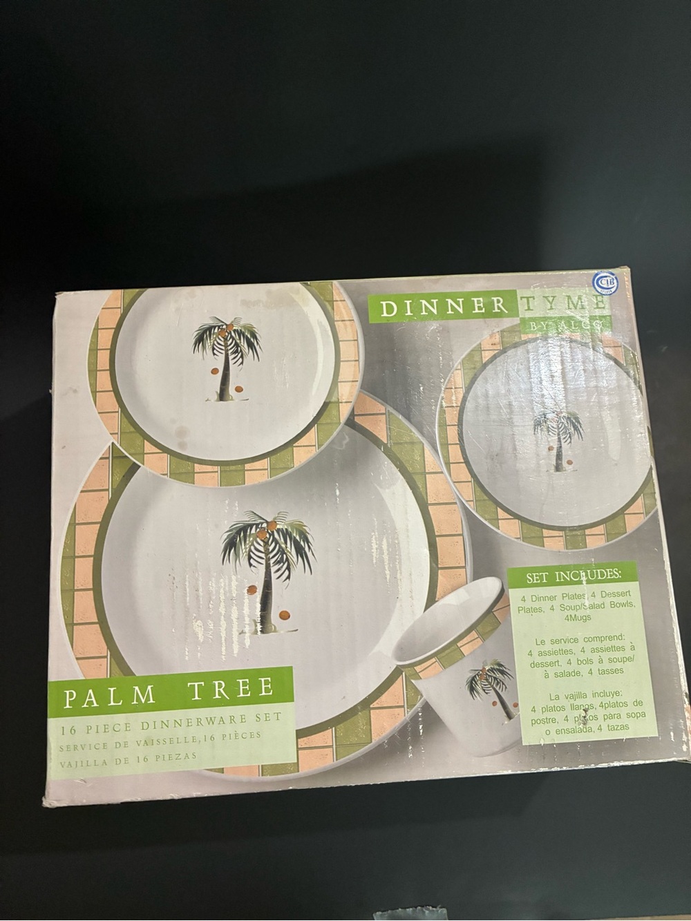 Dinner Tyme Palm Tree Dinnerware Set - White with Green & Tan Trim